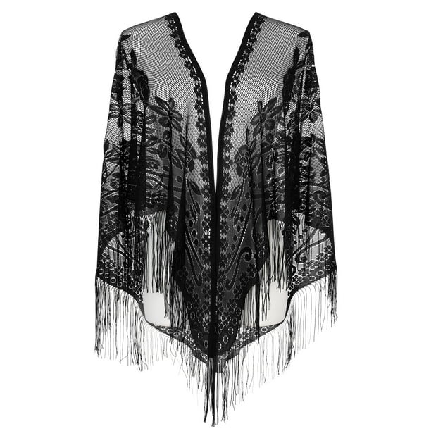 Chales y envolturas INSPIRE CHIC para vestidos de noche, bufandas triangulares de malla de encaje con flecos y borlas para mujeres en bodas y fiestas formales 74.8x28.3" Negro