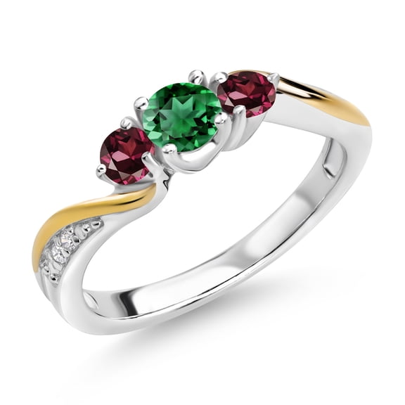 Gem Stone King 925 Silver and 10K Yellow Gold Green Nano Emerald Red Rhodolite Garnet and White Lab Grown Diamond 3 Stone Engagement Ring for Women (0.57 Cttw, May Birthstone, Size 5)