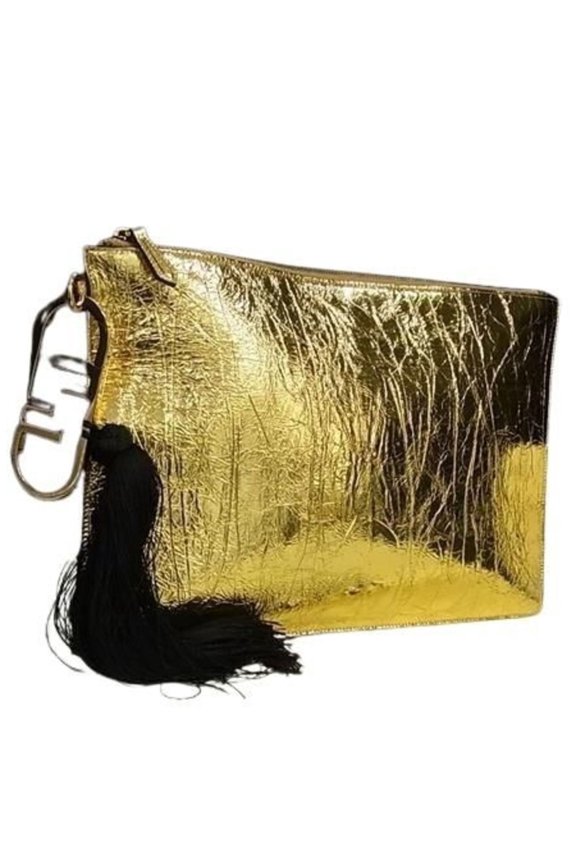 Pre-Owned FENDI Clutch Bag Large Flat Pouch 8N0178 Gold Leather Men's Women's Tassel