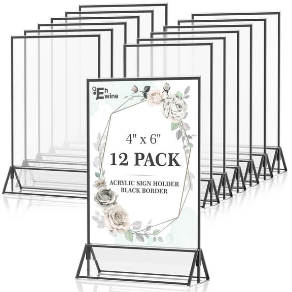 EHWINE 12 Pack Acrylic Sign Holder 4 x 6, Double Sided Black Picture Frame Stand up Table Top Sign Holders, Clear Display Stand Menu Flyer Holder for Wedding Party(Provide Non-slip Mats)