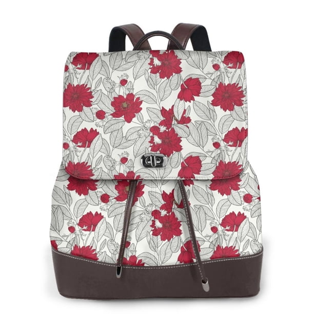 Fotbe Leaves And Anemone Flowers In Red Grey Mochila Bolso con Estampado para Mujer, Mochila Antirrobo de Nylon Impermeable, Bolsa Ligera de Hombro