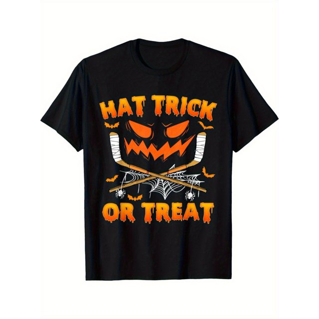 Halloween T-shirt Hat Trick or Treat Halloween Ice Hockey T-Shirt for Teens – Soft, Breathable Short Sleeve with Fun Pumpkin & Bat Design, Perfect Summer Gift or Birthday Present