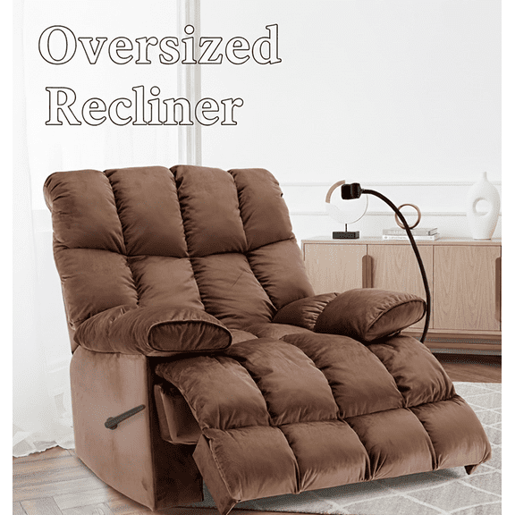 Alwalue Manual Oversized Recliner Chair Velvet Reclining Chairs Soft Overstuffed Arms and Back for Home Theater Living Room Bedroom - Brown
