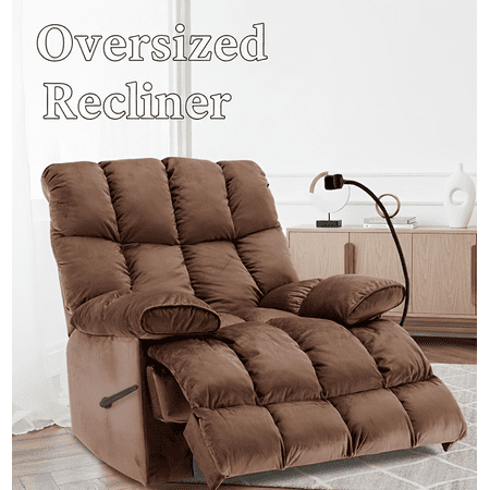 Alwalue Manual Oversized Recliner Chair Velvet Reclining Chairs Soft Overstuffed Arms and Back for Home Theater Living Room Bedroom - Brown