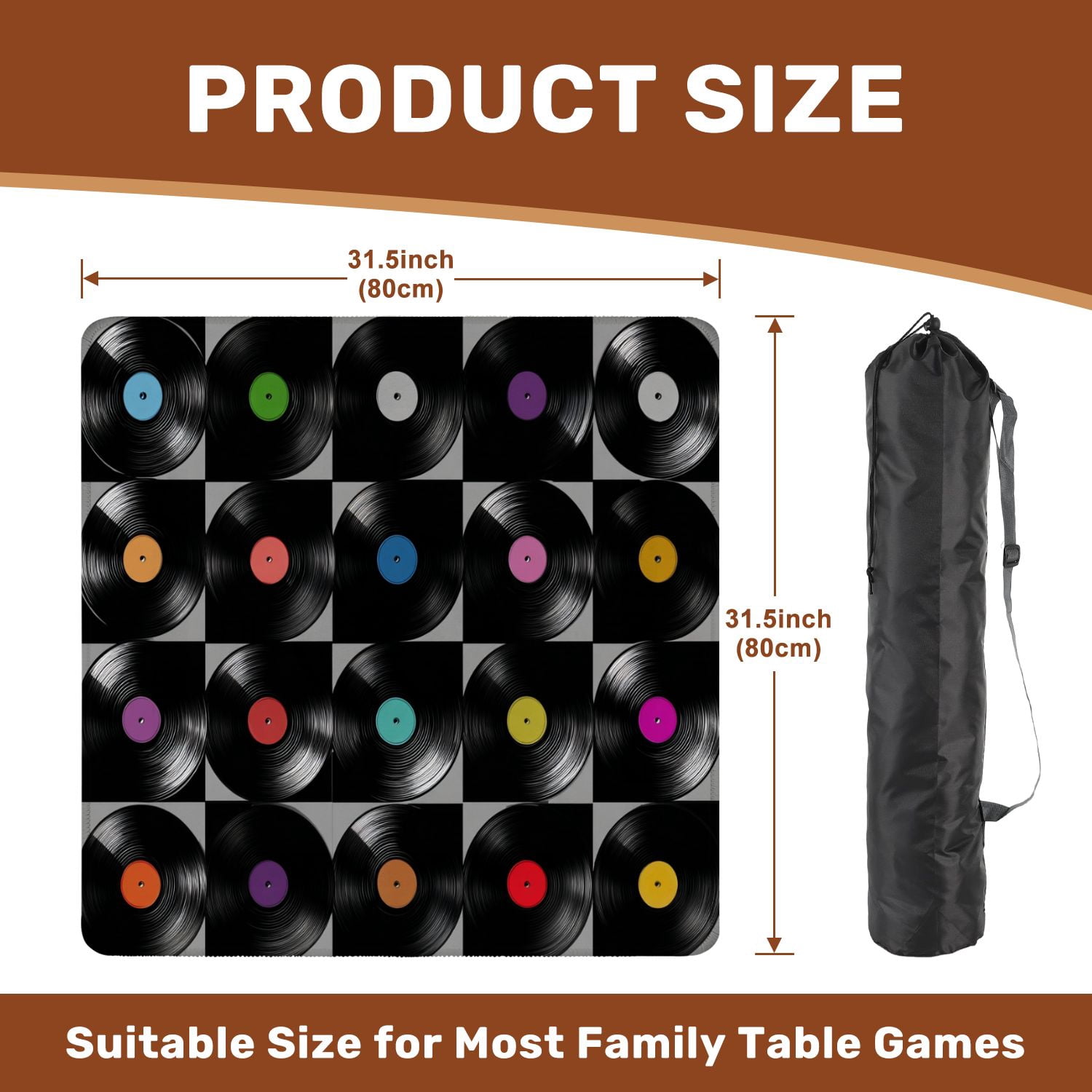 Mahjong Mat 31.5" x 31.5" Simple geometric seamless vinyl records Vintage musical Non-Slip Noise Reduction American Mahjong Tiles Table Cover for Dominoes Poker Card Board Games Gift