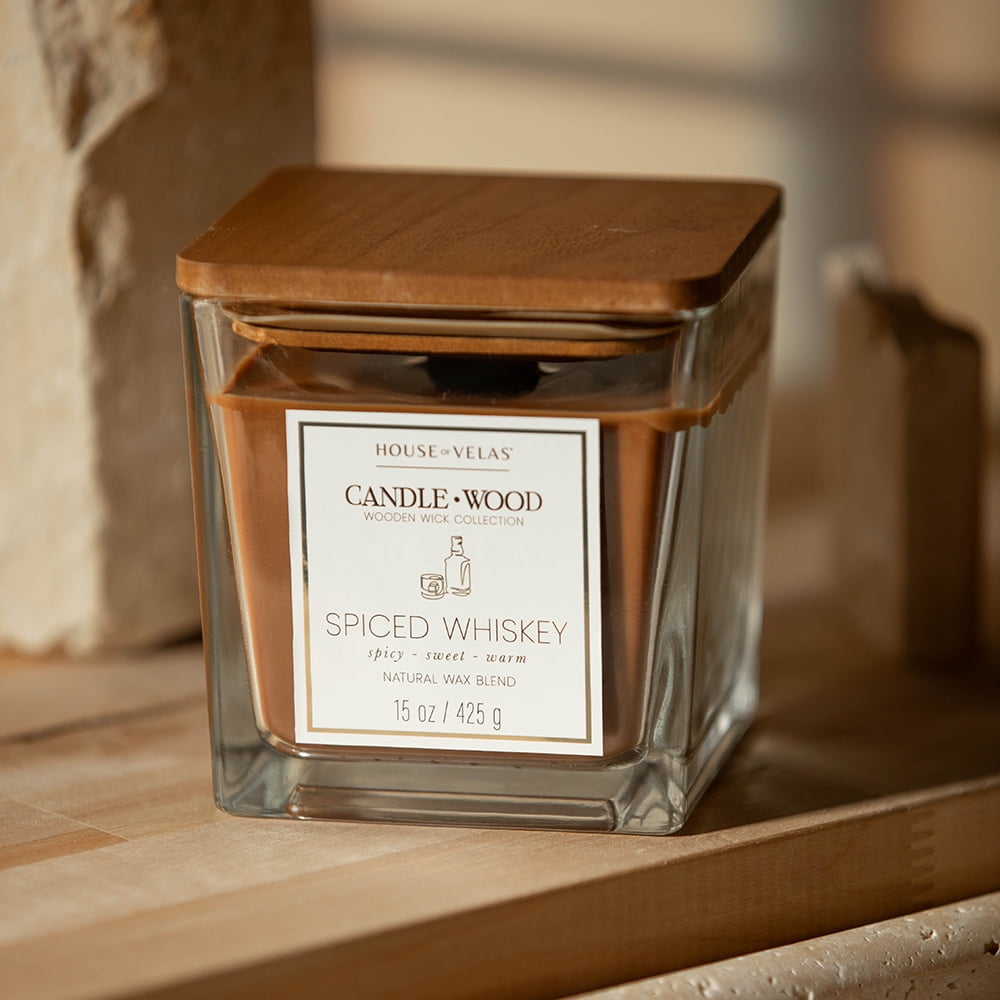 House of Velas Candle Wood Collection, 15 oz, 1 Wooden Wick, Spiced Whiskey, Square Glass Jar Candle
