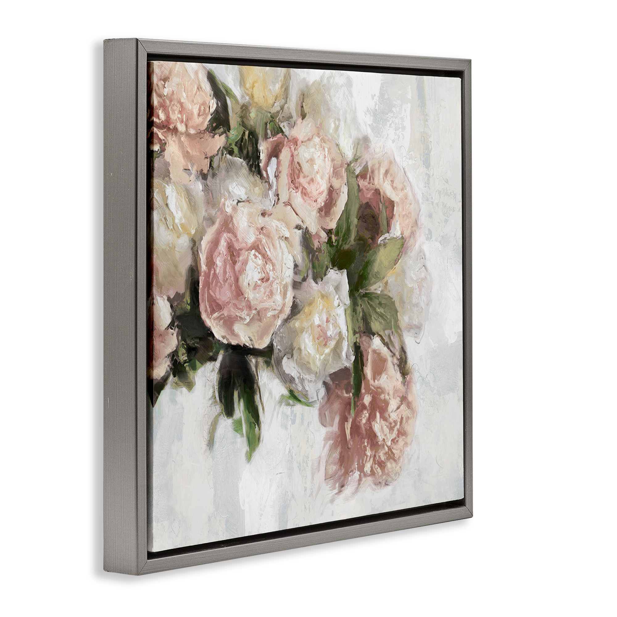Stupell Industries Elegant Pink Roses Arrangement Botanical & Floral Painting Gray Floater Framed Canvas Art Print Wall Art, 25 x 25
