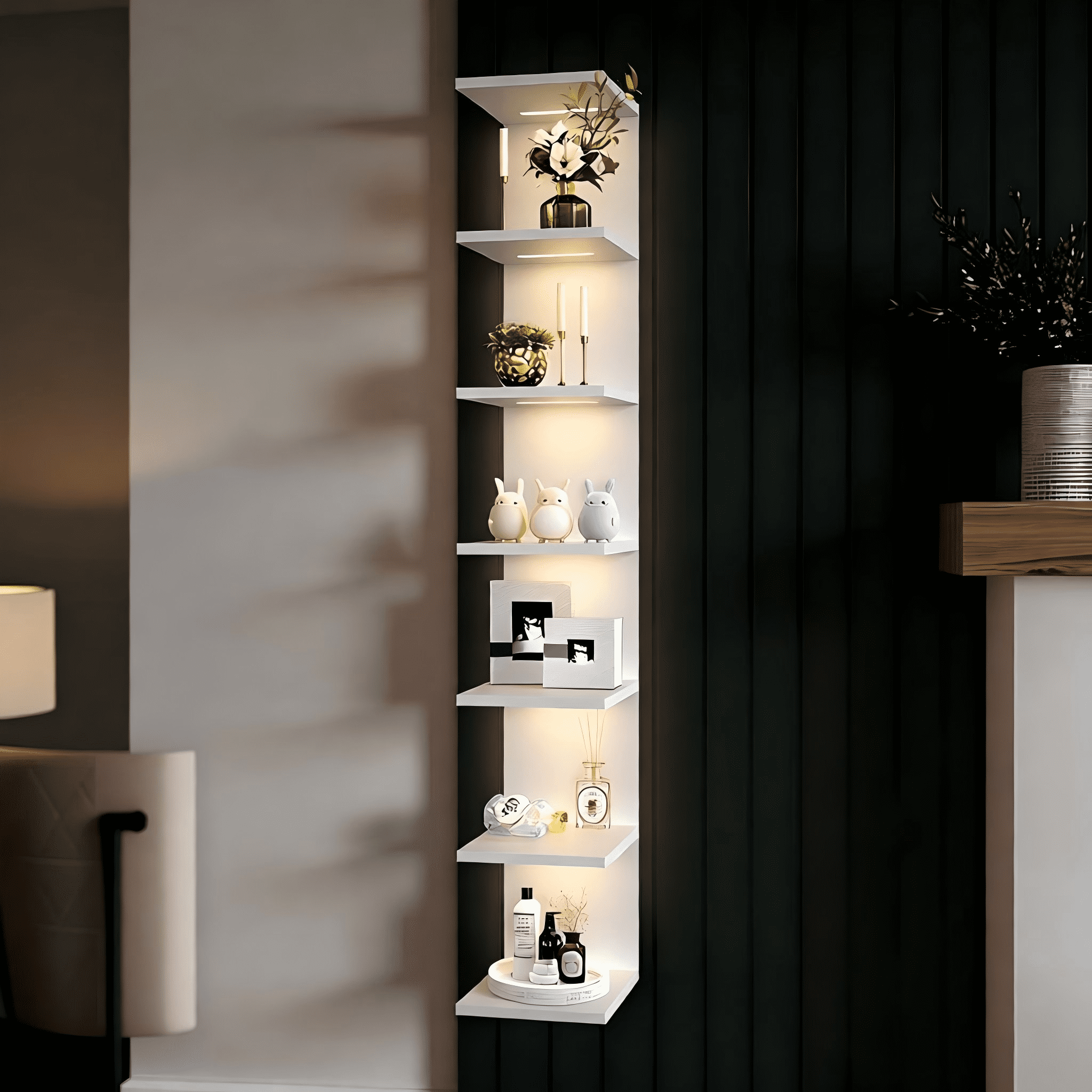 7-Tier Wall Shelf with 3 LED Lighting Modes, Multifunctional Wall Mounted Vertical Lack Wall Shelf with Remote Control for Bedroom Living Room Vanity, White