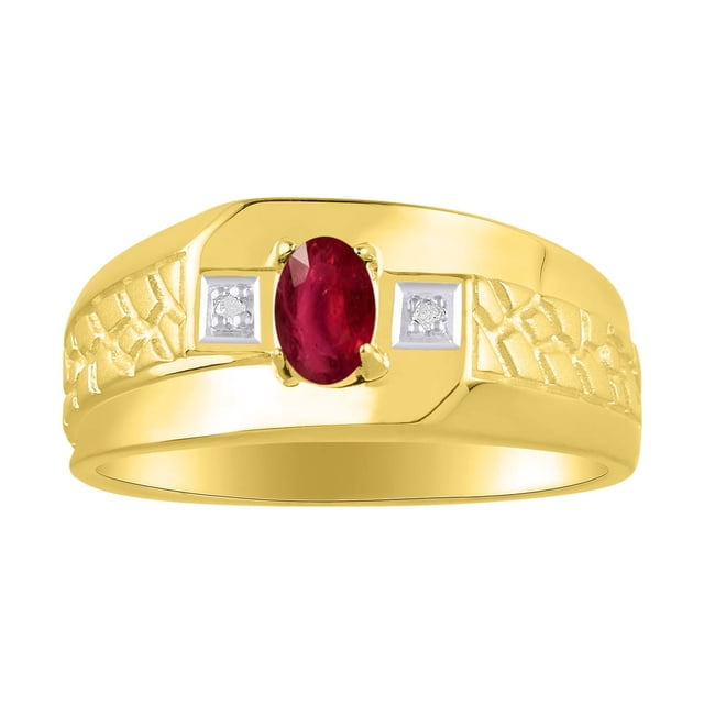RYLOS Men's Rings Yellow Gold Plated Silver Classic Nugget 6X4MM Oval Gemstone & Diamond Ring Ruby July Birthstone Ring Size 12