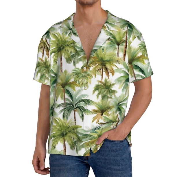 Balery Green Hawaii Palms Camisa Casual de Manga Corta con Botones para Hombre, Texturizada, Estilo Cubano, para Playa, Verano-3X-Large