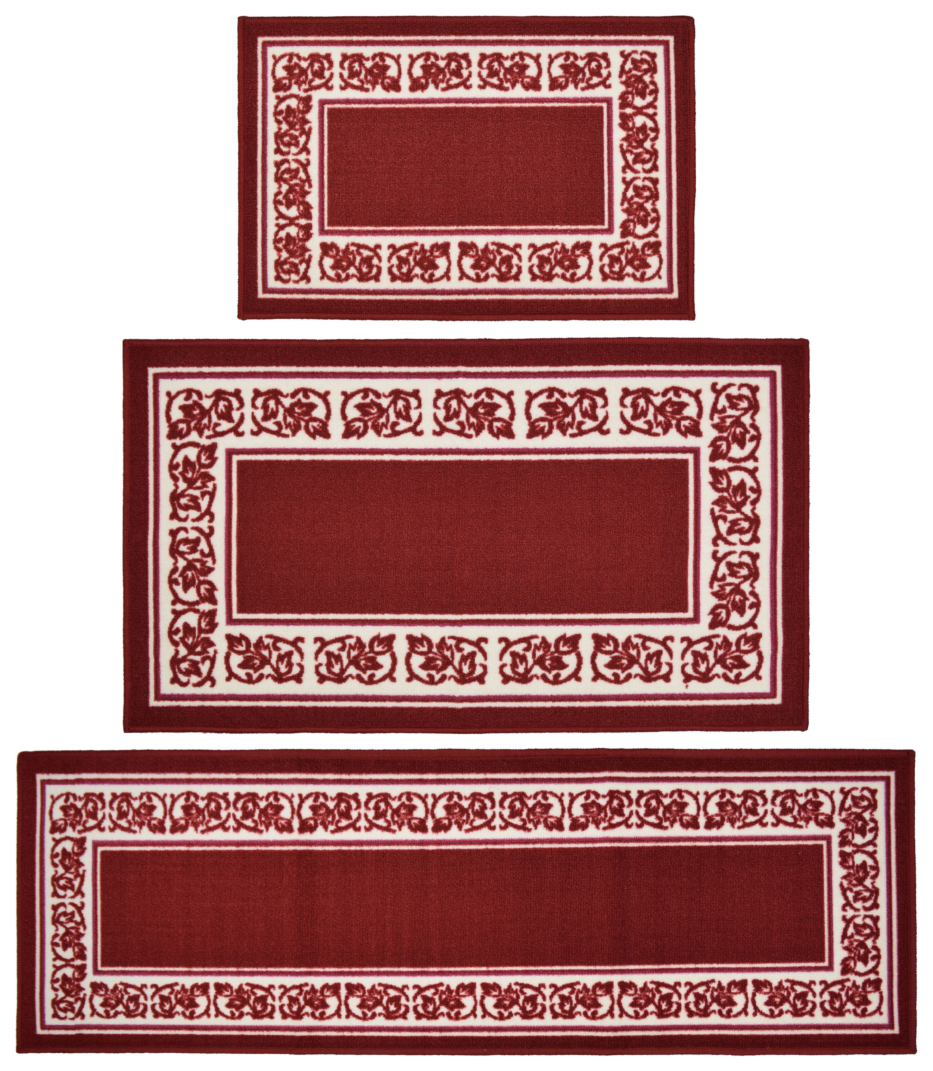 Floral Border 3 Piece accent Rug Set Burgundy