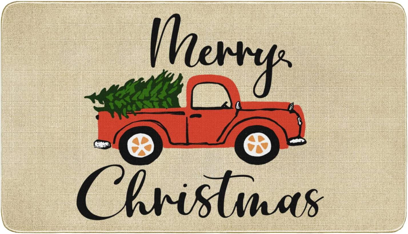 Christmas Door Mat Outdoor for Front Door Decorations , Red Farm Truck