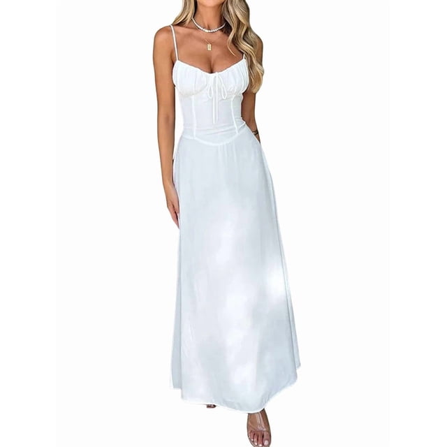 Robes Boho Fluides à Fente à Lacets pour Femmes Sortie Ligne A Décontractée Robe d'Été Blanche P