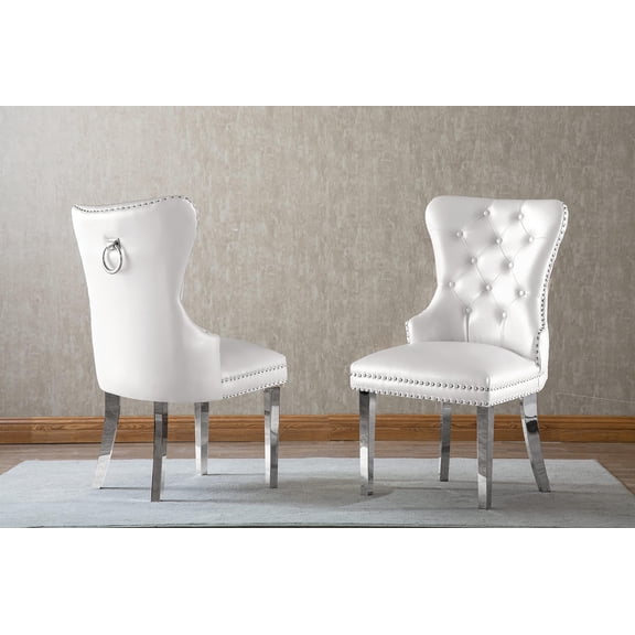 Tufted White Faux Leather Side Chairs with Silver Stainless Steel (Set of 2)