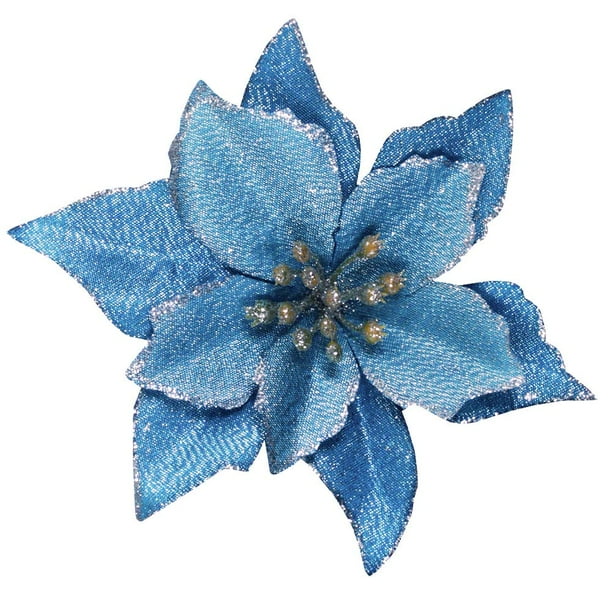Juego de 24 selecciones de flores de Pascua con purpurina azul navideña, adornos para árboles de Navidad para invierno, coronas de árboles de Navidad azules y verde azulado