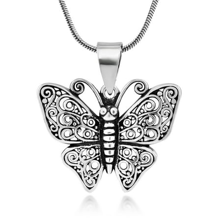 925 Oxidized Sterling Silver Big Butterfly Filigree Pendant Necklace, 18 inches - Nickel Free