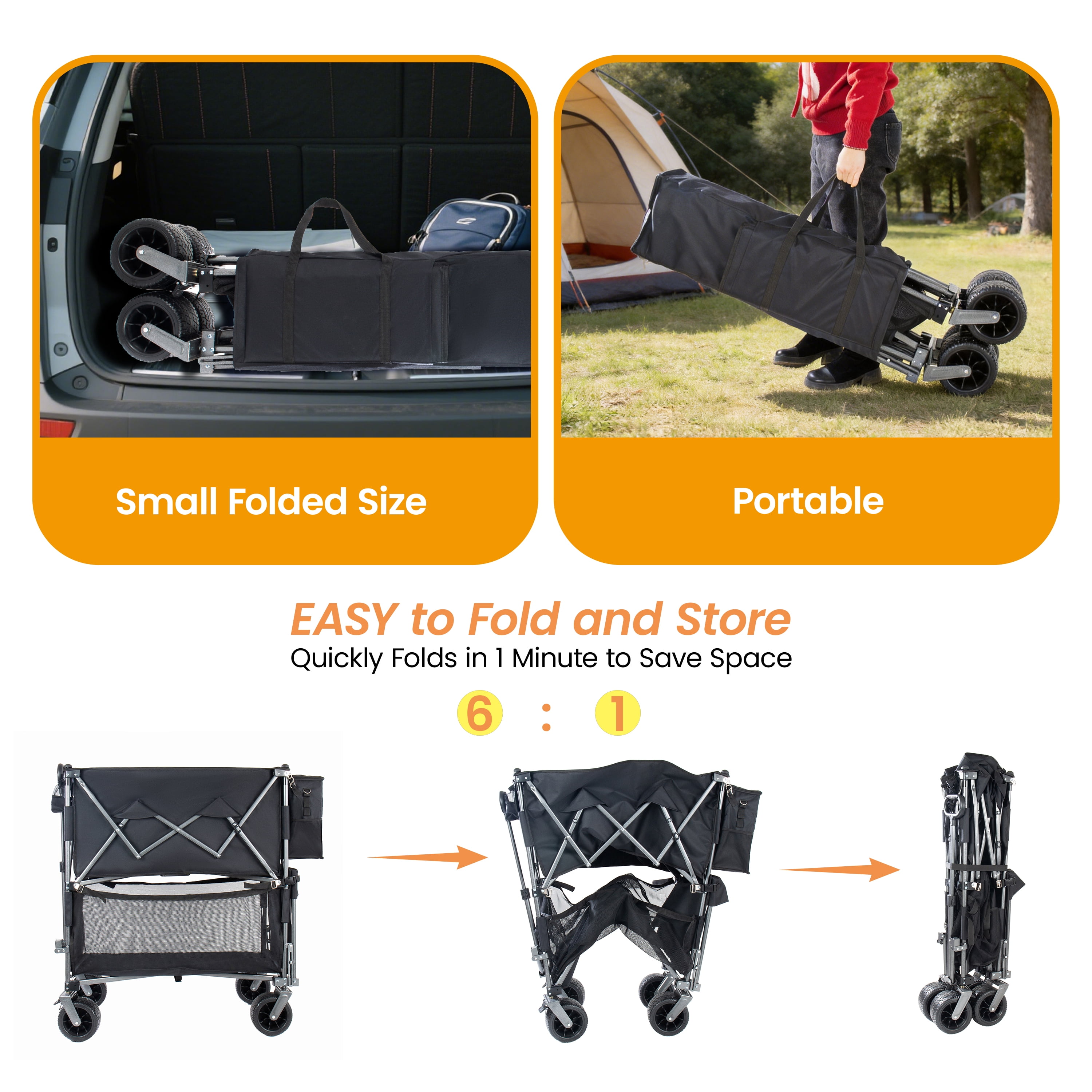 55" Heavy Duty Double-Layer Wagon, Black 560LBS Capacity, 650L Collapsible Cart with 7"×4" All-Terrain Wheels, for Sports/Camping/Fishing/Transport