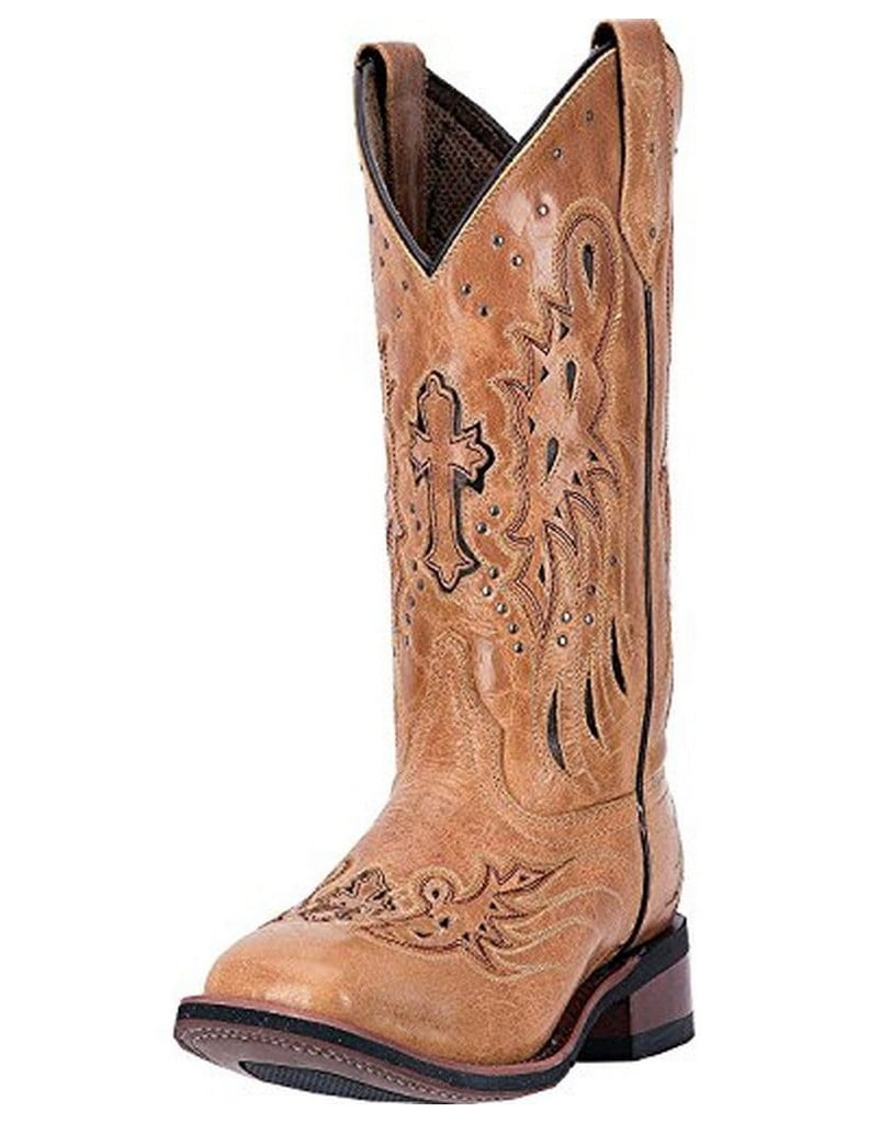 Laredo Western Boots Women Cowgirl Square Toe Cross Leather Brown 5649