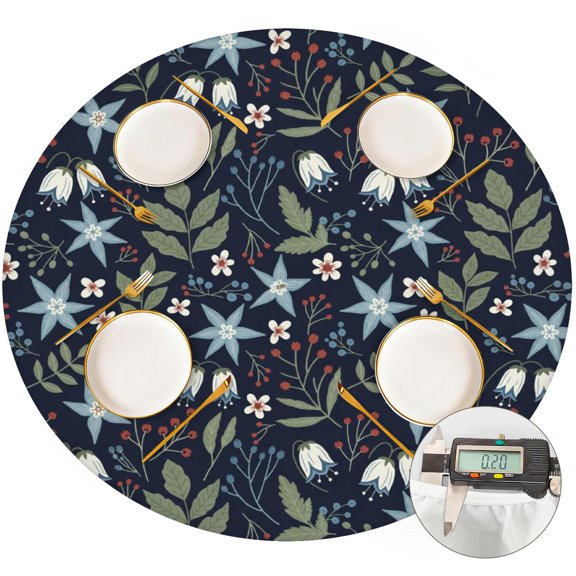 Pioneer Flower Floral Print Pattern Round Fitted Tablecloth with Elastic Edge, Waterproof Dining Table Cover for Indoor Outdoor Camping and Daily Use