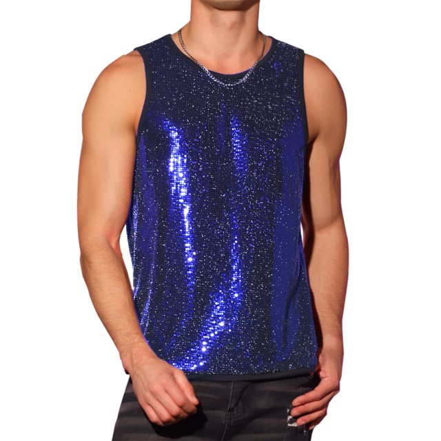 INSPIRE CHIC Camisetas para hombres sin mangas con cuello redondo de lentejuelas metálicas S Azul