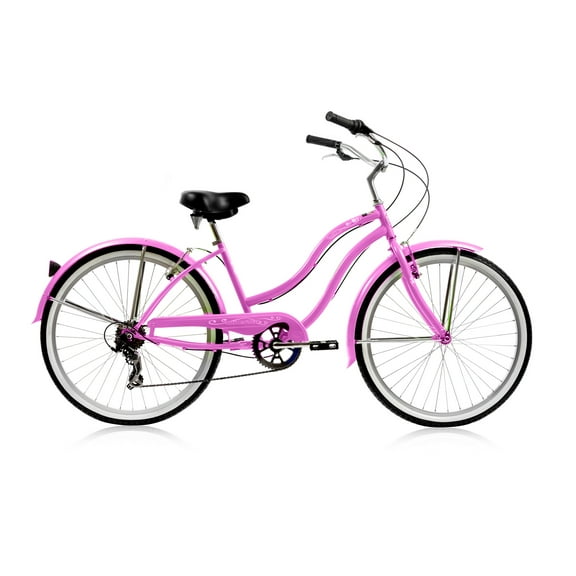 Wonder Wheels 26 In. Beach Cruiser Shimano Tx-35 7 Speed V-Brake Stainless Steel Spokes One Piece Crank Alloy Rims 36 H With Fender - Pink