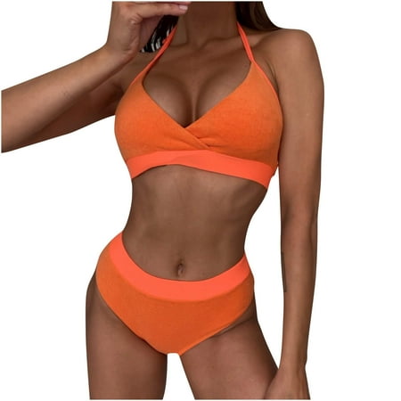 

VKEKIEO Two-Piece Sets Swimsuit Sport Bra Style Padded Orange L