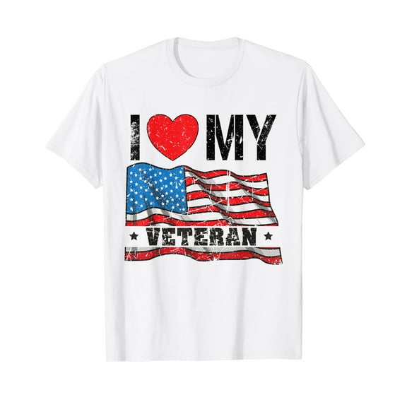 I Love My Veteran - Vintage American Flag Military Family White T-Shirt