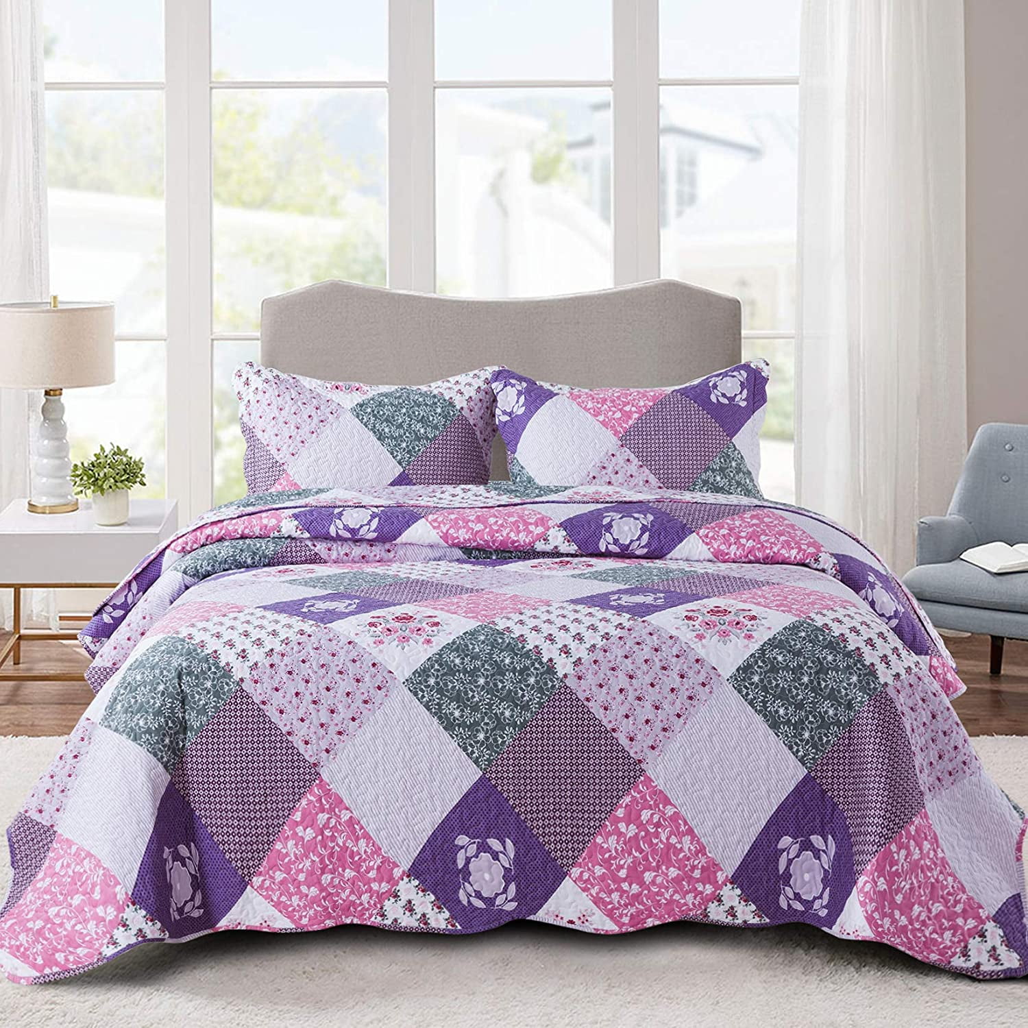 EWAYBY King Quilt Bedding Set 3Piece Bedspread Coverlet Set Reversible