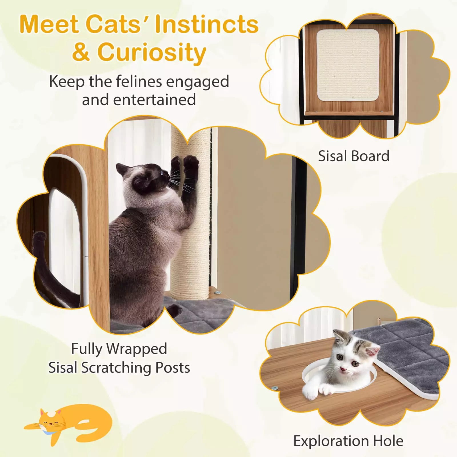 Auranook 52" Tall Wooden Cat Tree w/ Metal Frame, 3 Condos, Sisal Scratching Posts & Board, Washable Cushions, Multi-Level Tower for Large Indoor Cats & Kittens