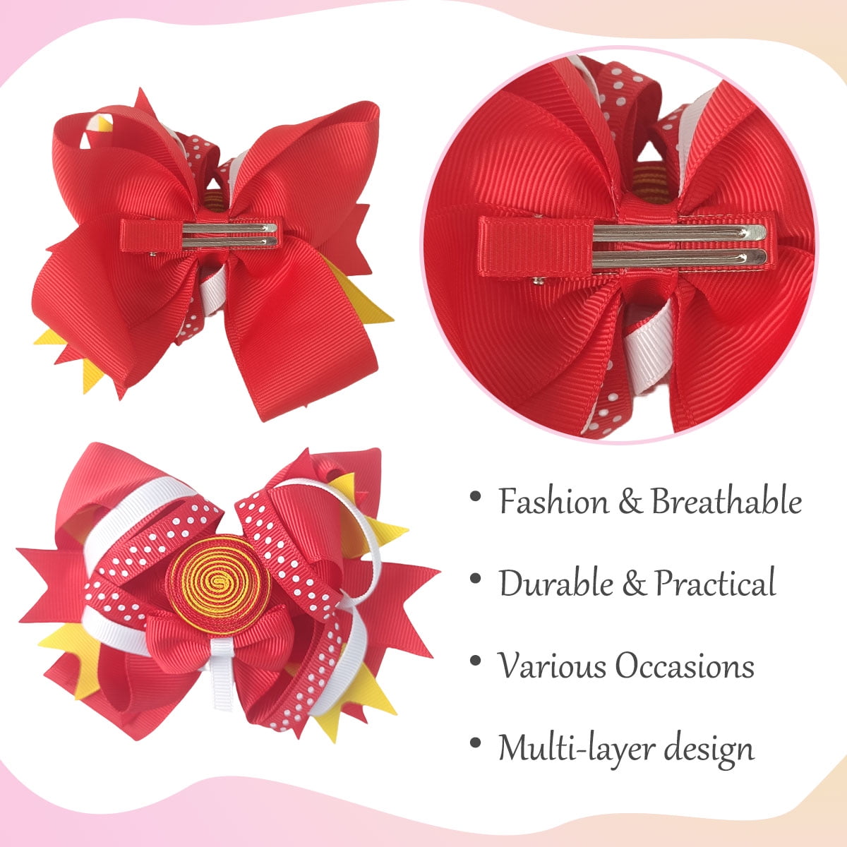 JoyBowie 12+4 Pack Large Cheer Bows & Rainbow Lollipop Hair Clips, Elastic Ties for Girls