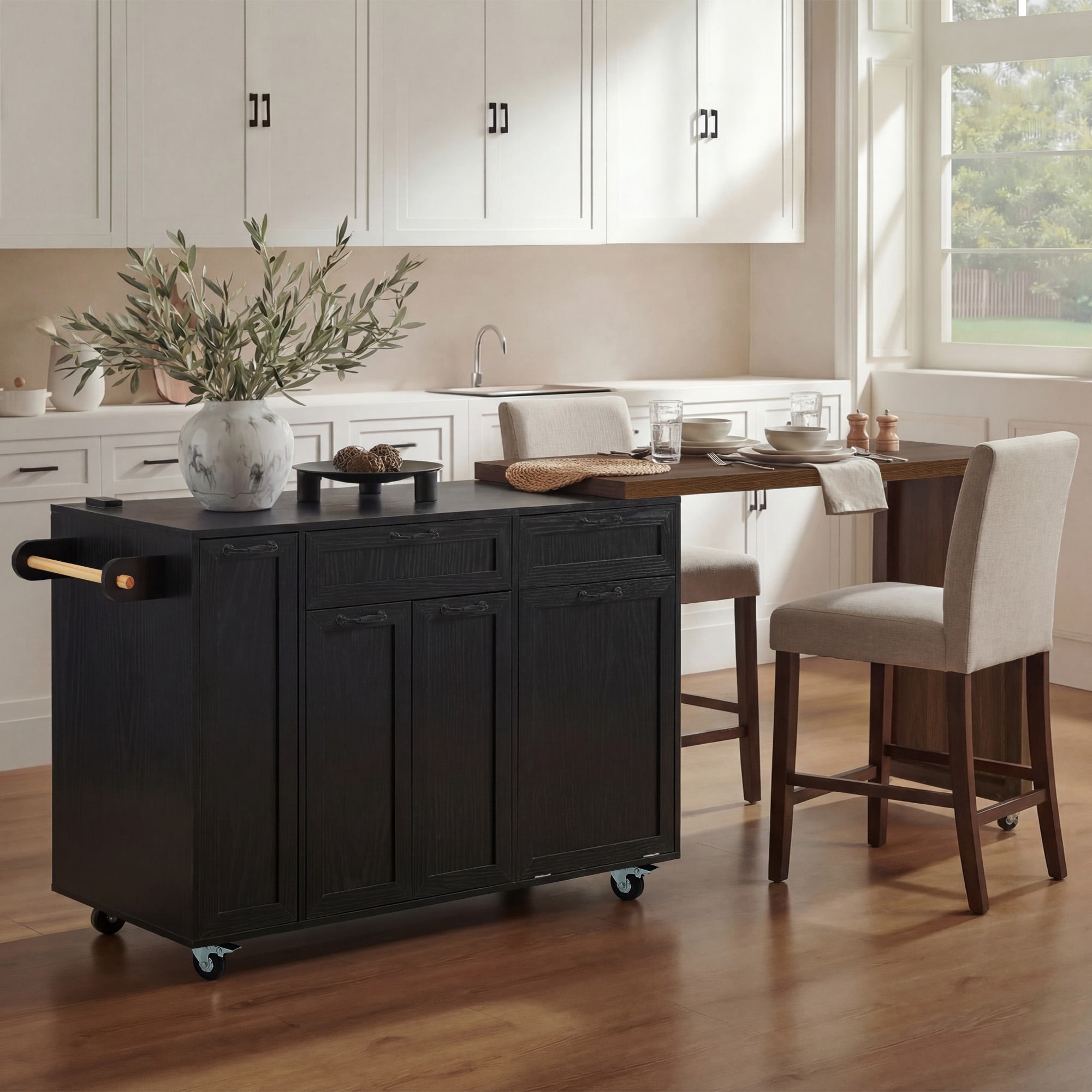 Mintazer 102.3" Kitchen Island with Extendable Dining Table, Kitchen Rolling Island Cart with Spice Rack & Wheels, Mobile Island Table with Trash Storage Cabinet, Black & Walnut