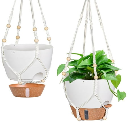 2 pack Macrame Plant Hanger Indoor Hanging Planter Basket with Wood Beads Decorative Flower Pot Holder No Tassels for Indoor Outdoor Boho Home Decor 35 Inch, Ivory(POTS NOT Included)