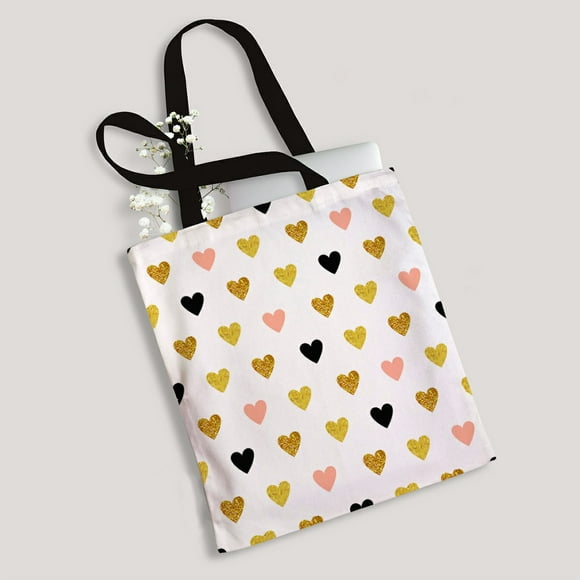 EREHome hearts rose gold black Gold hearts sparkles Canvas Bag Reusable Tote Grocery Shopping Bags Tote Bag 14"(W) x 16"(H)