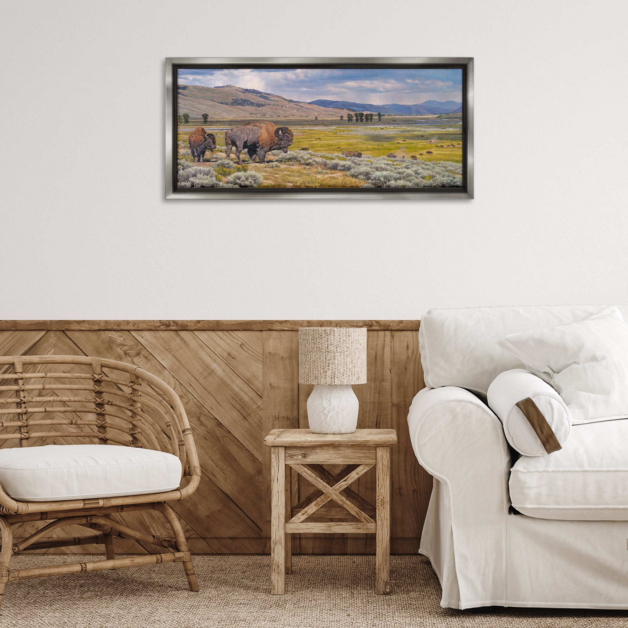 Stupell Industries Roaming Southwestern Bison Landscape Painting Gray Floater Framed Art Print Wall Art, 31 x 14
