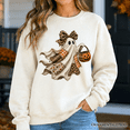 thumbnail image 2 of Ghost with Leopard Bow Imitation Patchwork Sweatshirt, Rustic Halloween Pumpkin Trick or Treat Sweater, 2 of 9