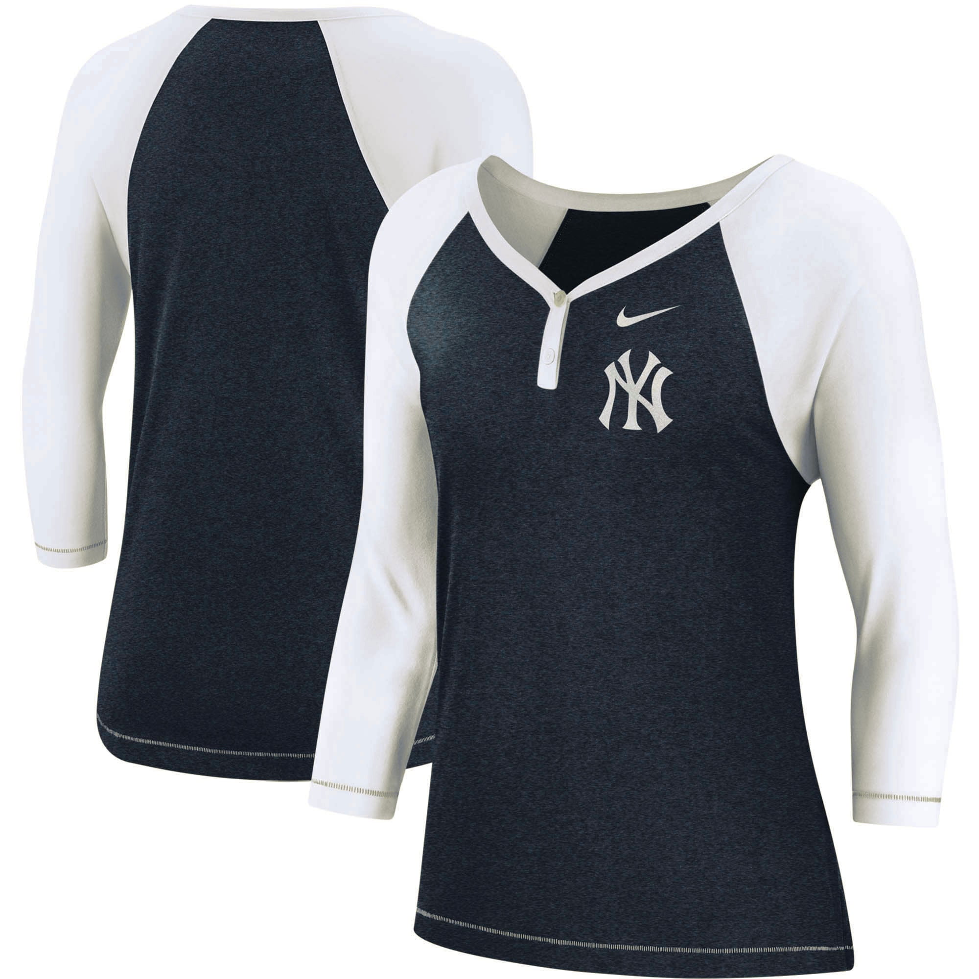 New York Yankees Nike Women's Henley 3/4Sleeve Raglan TriBlend Performance VNeck TShirt