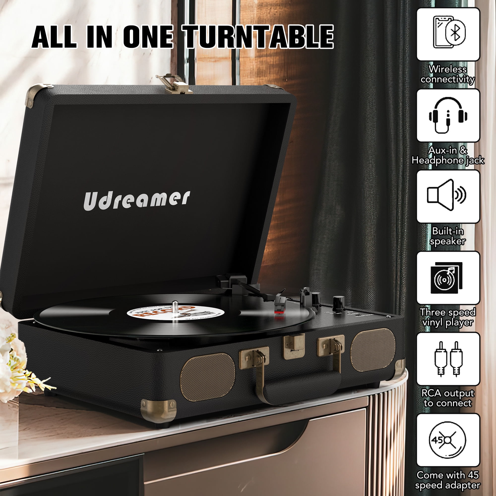 Udreamer Vinyl Record Player with Speakers,Turntables for vinyl records,Portable Suitcase Vinyl Player (tocadiscos de vinilo),Black