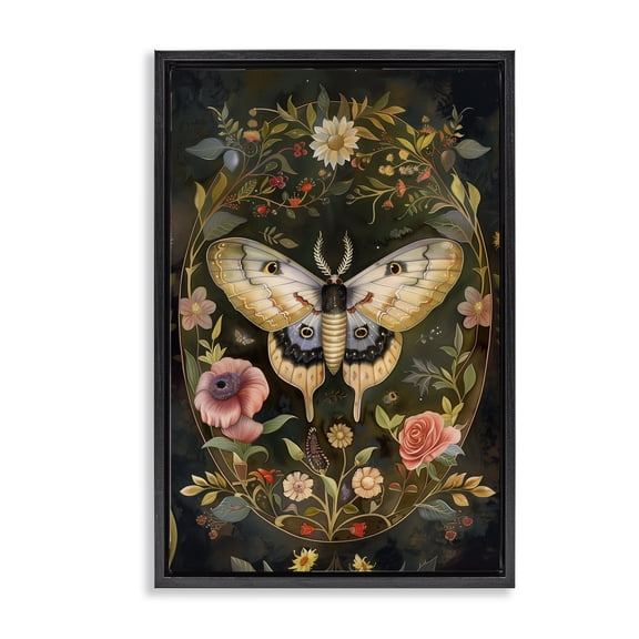 Stupell Industries Victorian Botanicals & Moth Floral Painting Black Floater Framed Canvas Art Print Wall Art, 17 x 25