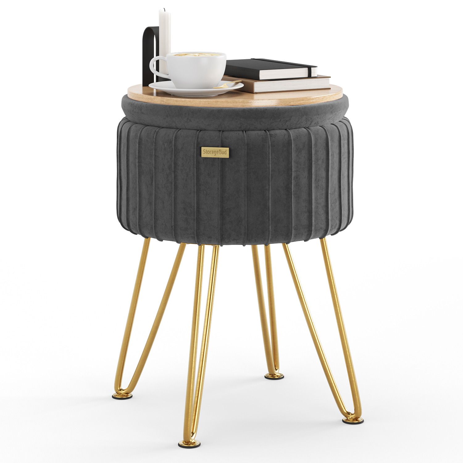 LammaLoe Small Round Ottoman with Storage, Pleated Velvet Ottoman Foot Stool with Lid, Upholstered Vanity Stool for Living Room & Bedroom, Gray