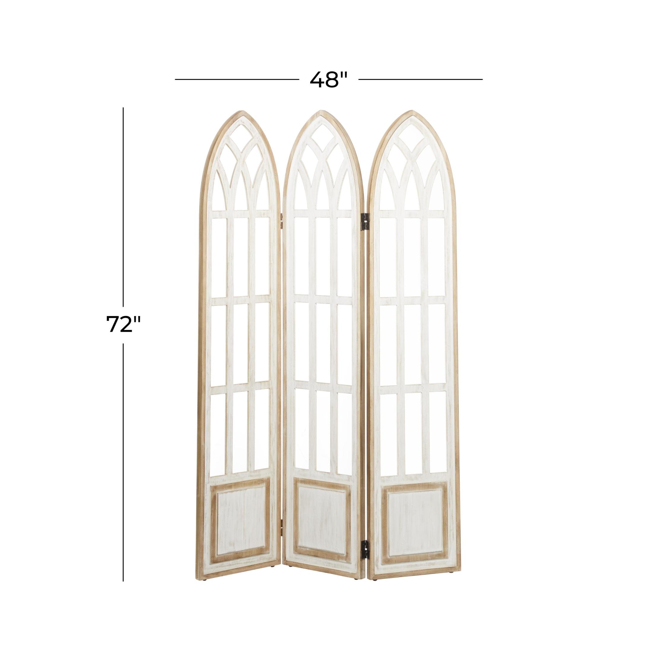 DecMode 48" x 72" White Wood Hinged Foldable Arched Partition 3 Panel Room Divider Screen with Window Pane Details, 1-Piece