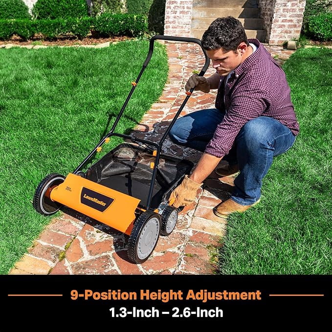 LawnMaster LMRM2001 20-Inch Manual Reel Lawn Mower, 9 Custom Cutting Positions (1.3"-2.6"), Eco-Friendly Motorless Design for Small & Medium Lawns