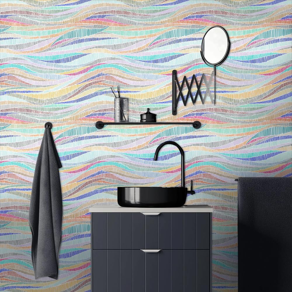 Colorful Geometrical Wave Mosaic Modern Peel and Stick Wallpaper Self Adhesive Removable Easy Peel Off Stick on Wall Paper for Bedroom Cabinet Renter Friendly