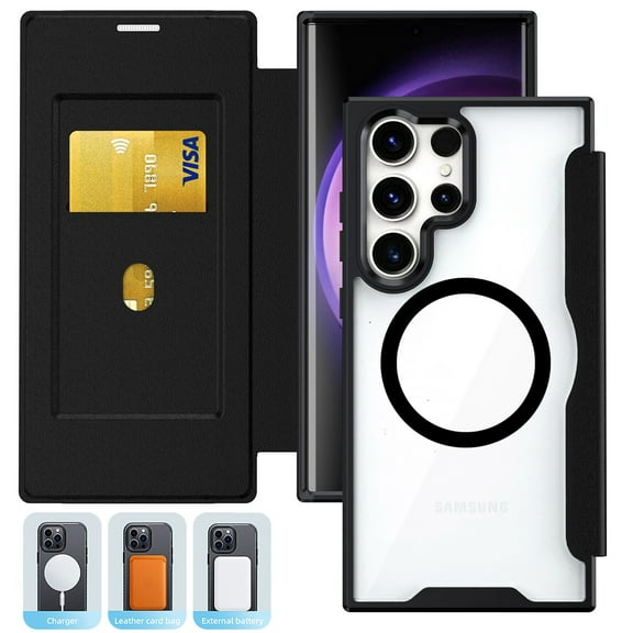 for Samsung Galaxy S24 Ultra Magnetic Case, Compatible with Magsafe, Ultra Slim PU Leather Folio Flip Wallet Case with Card Slot & Transparent Back Cover for Galaxy S24 Ultra, RFID Blocking, Black