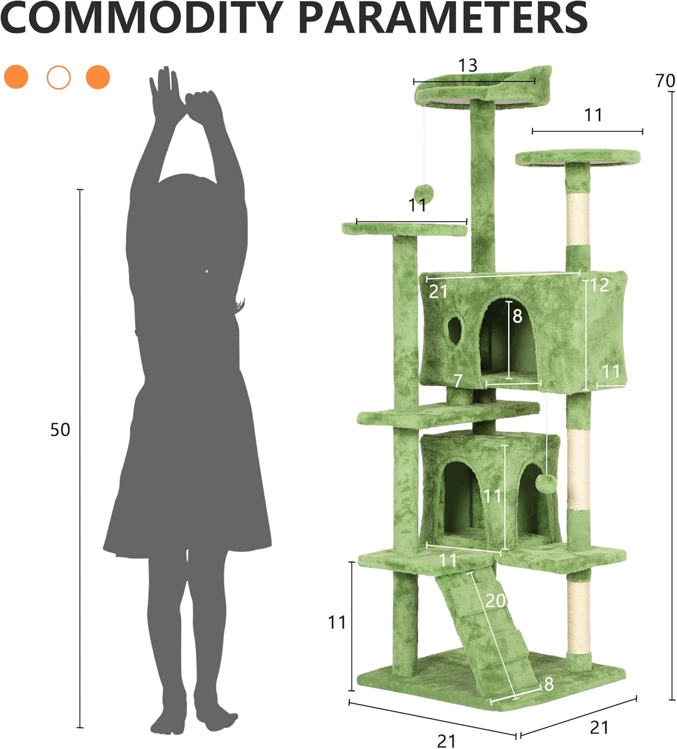 Dkelincs 70in Cat Tree Tower Multi-Level Double Condo Cat Furniture with Scratching Post Tower & 3 Top Perches, Green