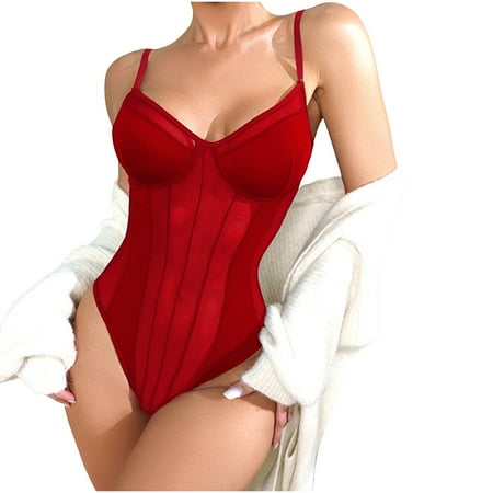 Spaghetti Straps Bodysuit for Women Sexy Sheer Mesh Patchwork Basic Shapewear Tops Slim Corset Lingerie Body Suit