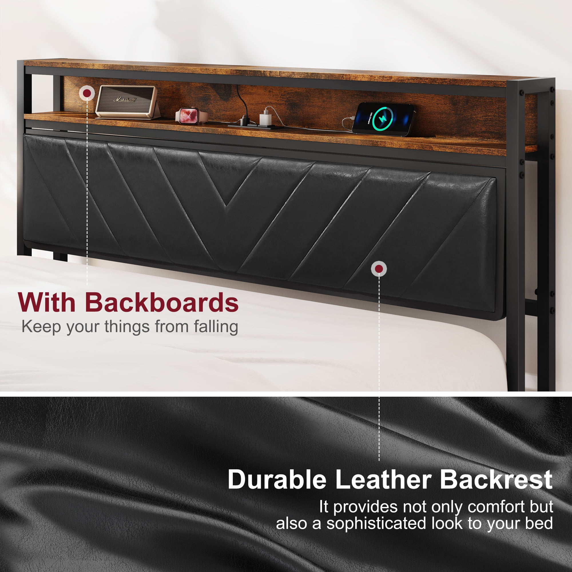 PAPROOS Full Size LED Bed Frame with Charging Station, PU Leather Upholstered Bed, Metal Platform Bed with Soft Cushioned Headboard for Adults Teens, Brown