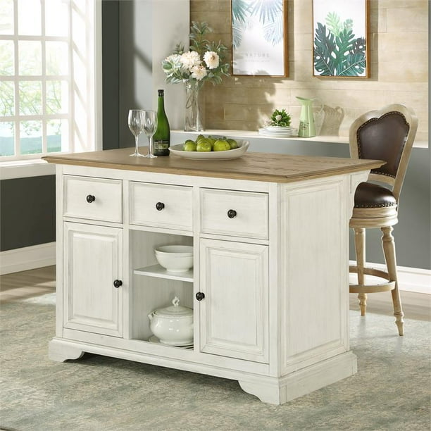 Home Fare Farmhouse 3 Drawer Oak Wood Kitchen Island In Beige Com Home Fare Farmhouse 3 Drawer Oak Wood, Americana White Kitchen Island With Drop Leaf
