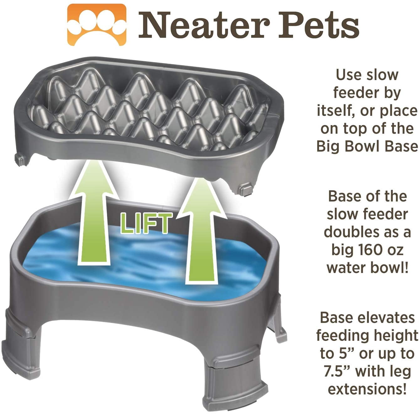 Neater Pet Brands Raised Neater Slow Feeder - Elevated & Adjustable Feeding Height - Improves Digestion, Stops Obesity, and Slows Down Eating, 6 Cups, Vanilla Bean