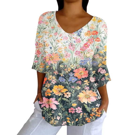 Tittly Boho Tops for Women, 3/4 Sleeve Shirts for Women Dressy Tunic Tops Casual Wear with Floral, Womens V Neck T Shirts, Women'S Fashion Clothing Blue L