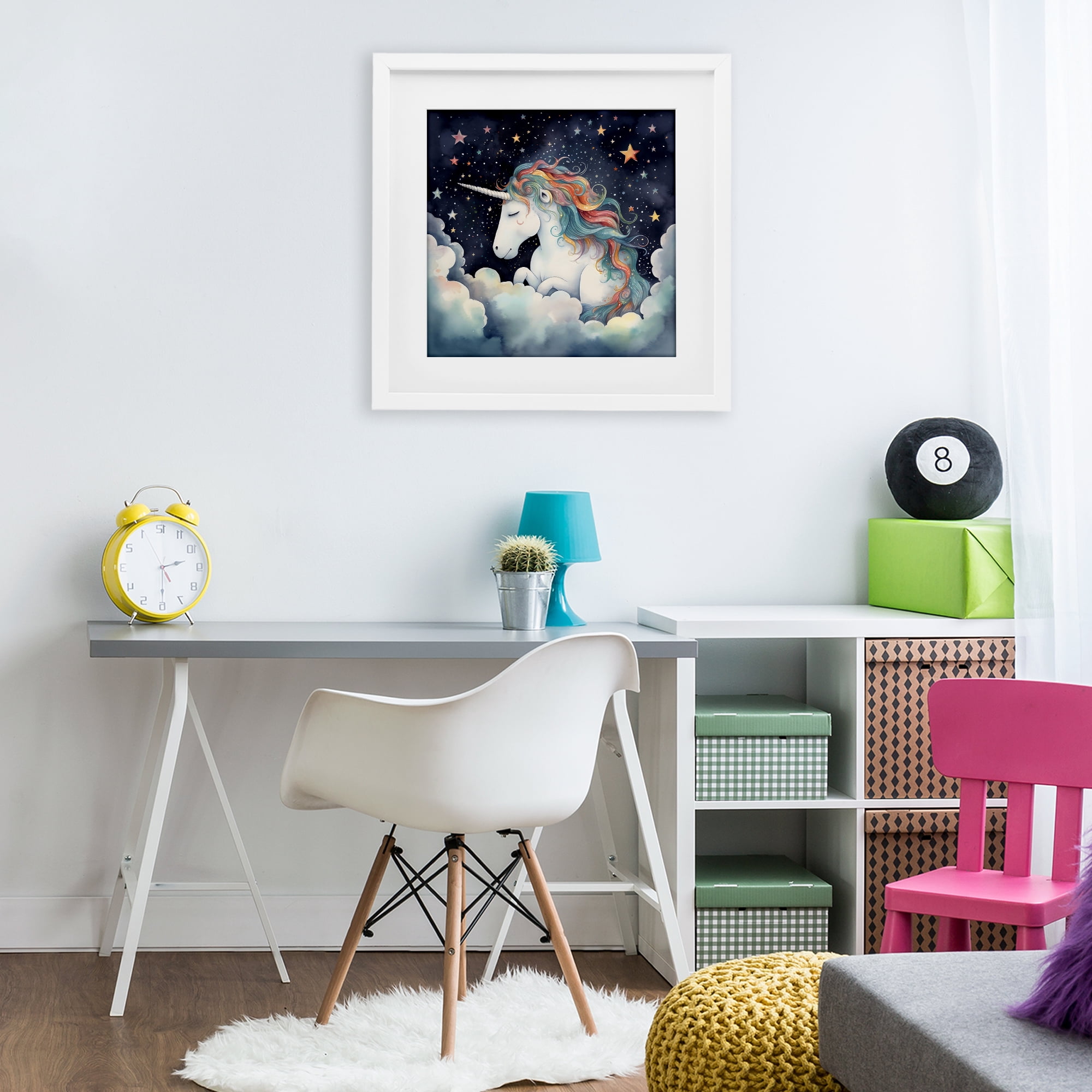 Stupell Industries Sleepy Unicorn in Starlit Clouds White Framed Print Under Glass, design by Creative Studio